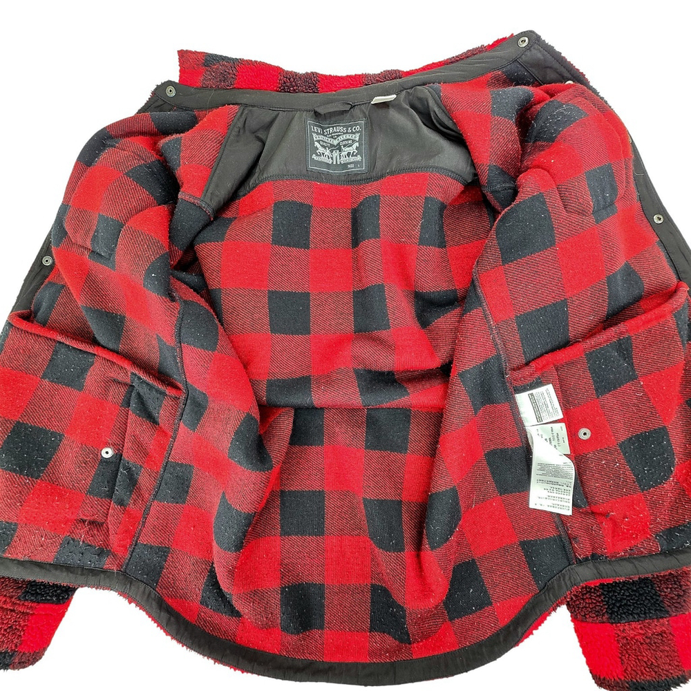 Levi’s Sherpa Trucker Jacket Men L Buffalo Plaid Ranch Americana Hunting - Picture 6 of 12